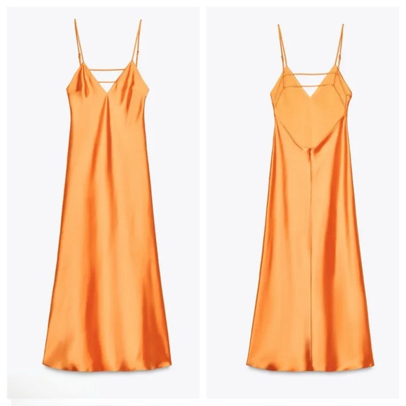 NWT ZARA ORANGE SATIN MIDI DRESS SIZE L - Picture 1 of 17